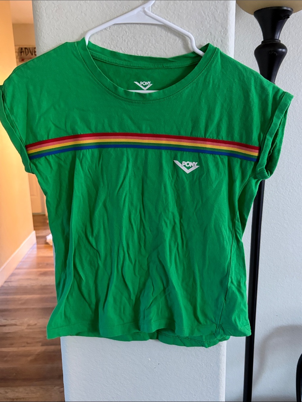 PONY Green Short Sleeve Tee with Rainbow Chest Stripe